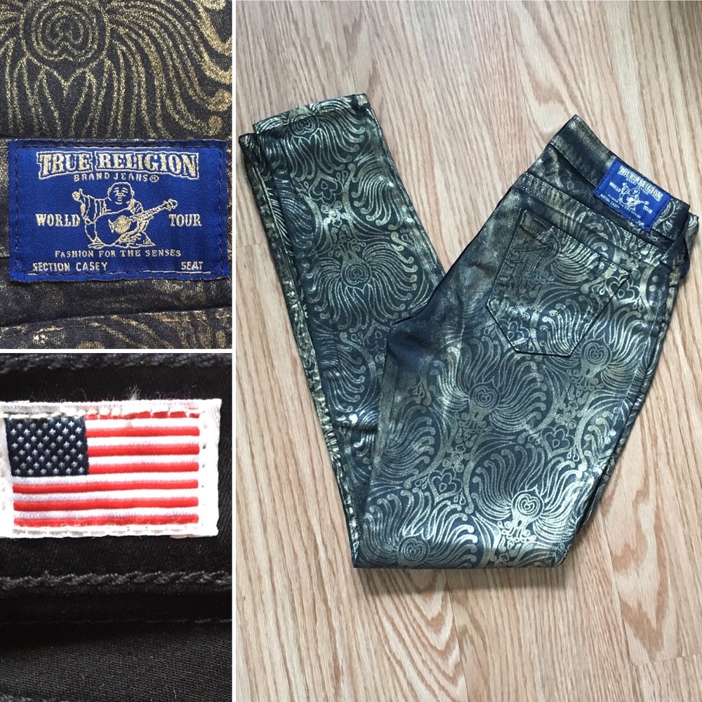 Gold Sparkle waxed Skinny Jeans Stretch Boho